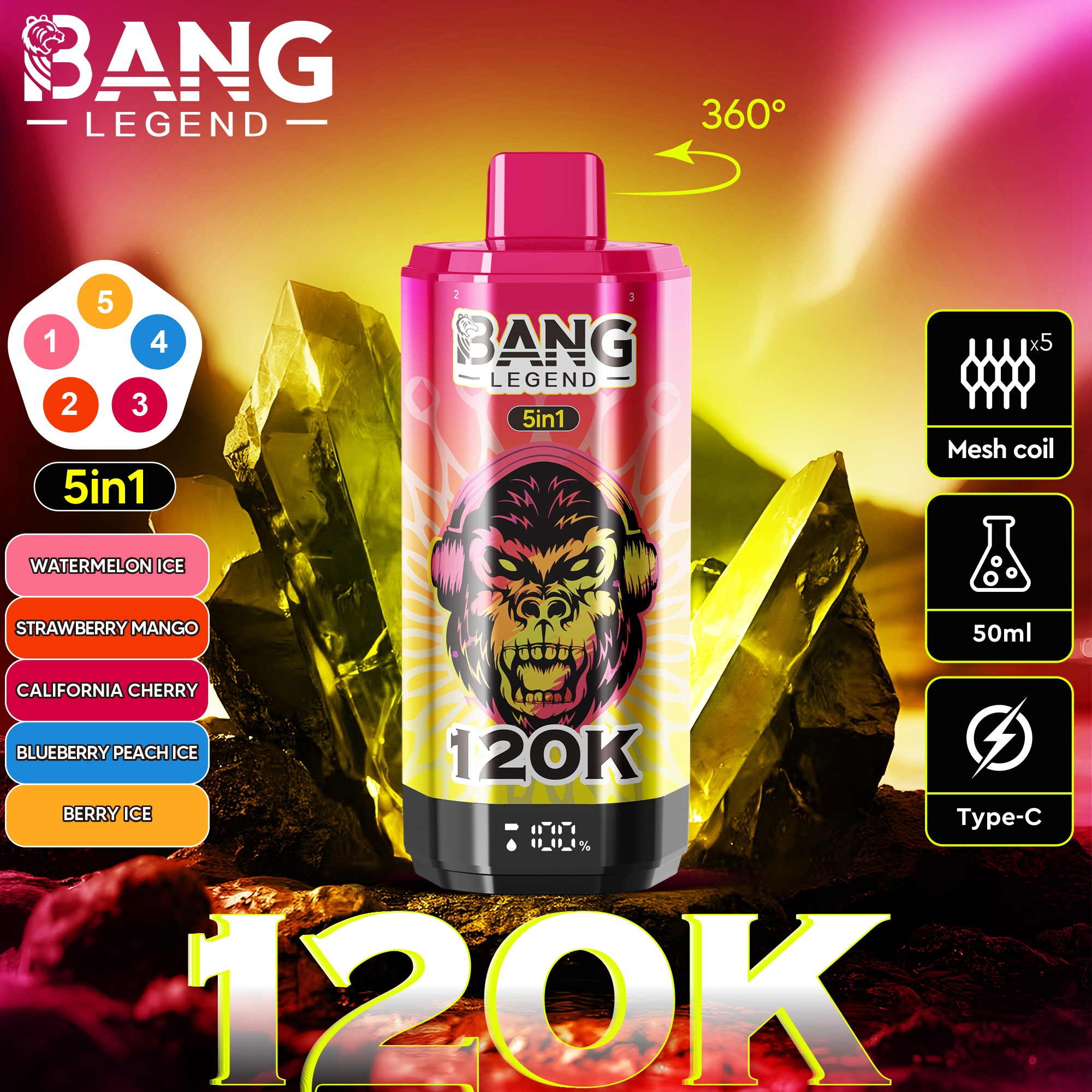 Bang 120K Puffs 5in1 Disposable Vape EU Warehouse 5 Flavors Adjustable Fast Shipping