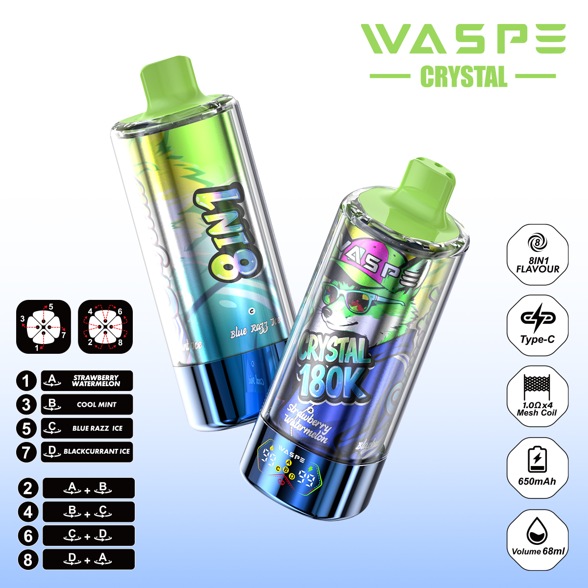 WASPE Crystal 180K 8-IN-1 Puffs EU Warehouse Stock Disposable Vape