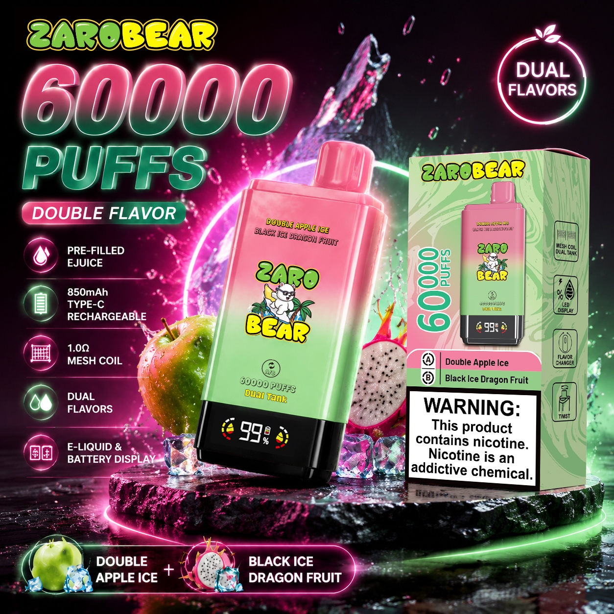 Zaro Bear 60K Dual Flavor Smart Disposable Vape EU Stock 2-in-1 Device